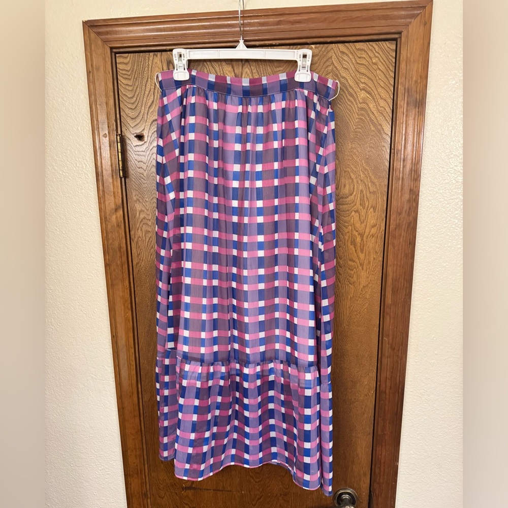 Ann Taylor Pink and Blue Plaid A-Line Maxi Skirt